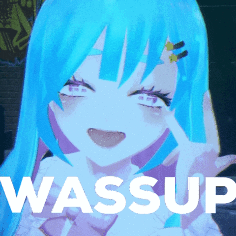 A Picture Of A Girl With Blue Hair And The Word Wassup On The Bottom GIF