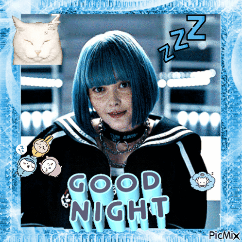 A Picture Of A Girl With Blue Hair And The Words Good Night On It GIF