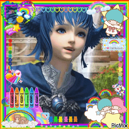 A Picture Of A Girl With Blue Hair Is Surrounded By Rainbows And Crayons And Says Picmix GIF