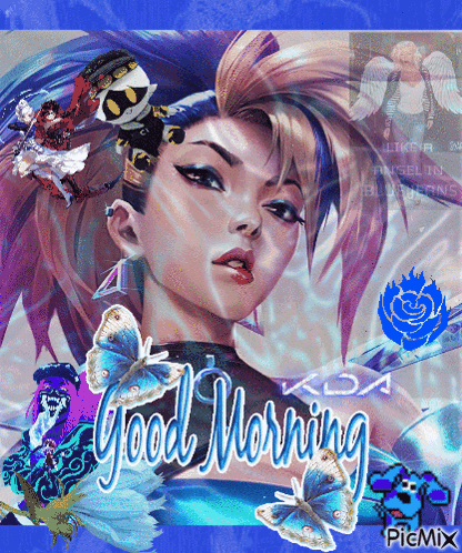 A Picture Of A Girl With Butterflies And The Words Good Morning On It GIF