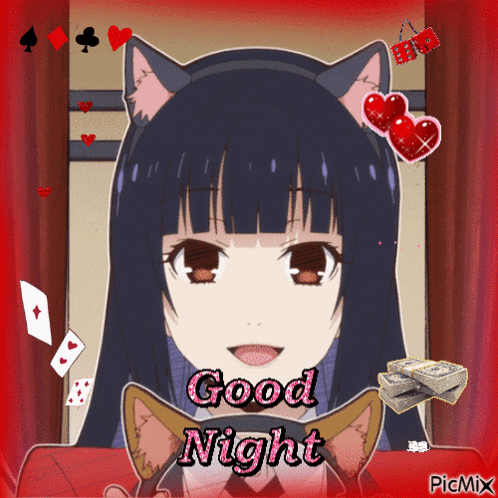 A Picture Of A Girl With Cat Ears And The Words Good Night On The Bottom GIF