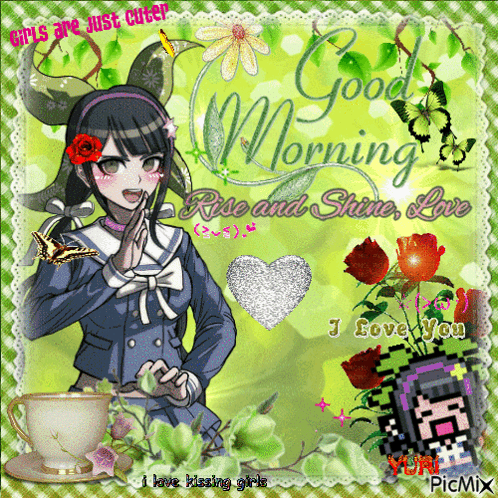 A Picture Of A Girl With Flowers And The Words Good Morning Rose And Shine Love On It GIF