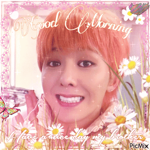 A Picture Of A Girl With Flowers And The Words Good Morning GIF