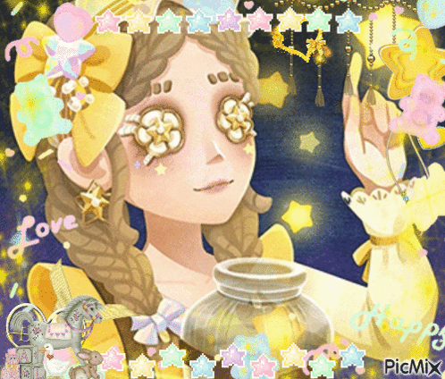 A Picture Of A Girl With Flowers In Her Eyes And The Word Love On The Bottom Right GIF