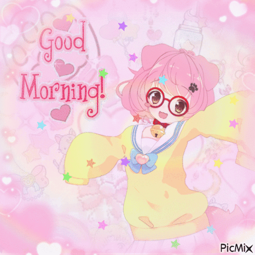 A Picture Of A Girl With Glasses And The Words " Good Morning " GIF