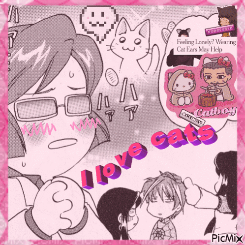 A Picture Of A Girl With Glasses And The Words I Love Cats On The Bottom GIF