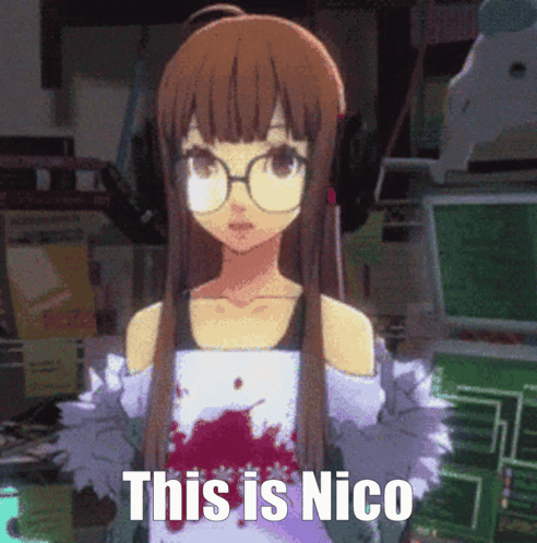 A Picture Of A Girl With Glasses And The Words " This Is Nico " GIF