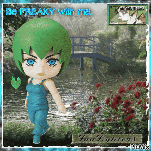 A Picture Of A Girl With Green Hair And Blue Eyes With The Words Be Freaky With Me GIF