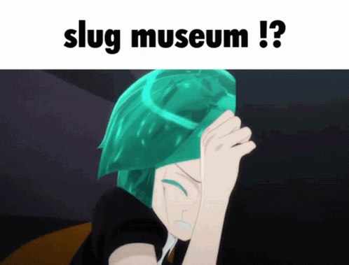 A Picture Of A Girl With Green Hair And The Words " Slug Museum " GIF