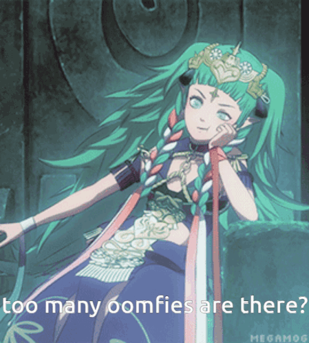 A Picture Of A Girl With Green Hair And The Words " Too Many Comfies Are There " GIF