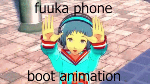 A Picture Of A Girl With Headphones And The Words " Fuuka Phone Boot Animation " On The Bottom GIF