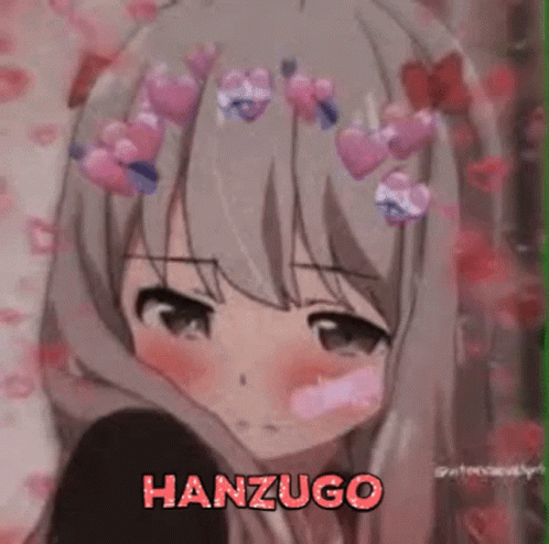 A Picture Of A Girl With Hearts On Her Hair And The Name Hanzugo Written On It . GIF