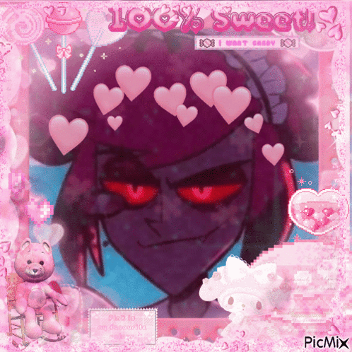 a picture of a girl with hearts on her head and the words 100 % sweet on the bottom