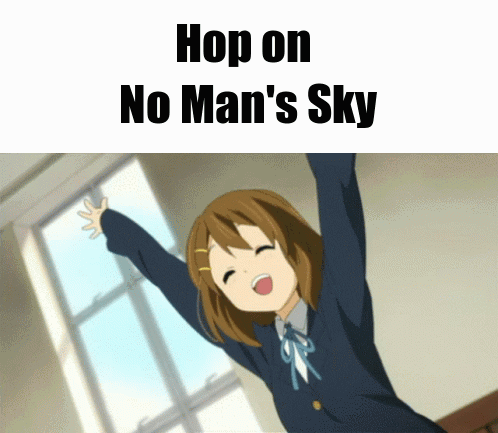 A Picture Of A Girl With Her Arms In The Air And The Words Hop On No Man 'S Sky GIF