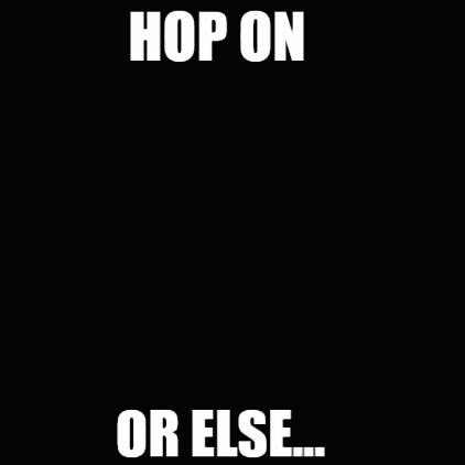 A Picture Of A Girl With Horns And The Words " Hop On Or Else " GIF