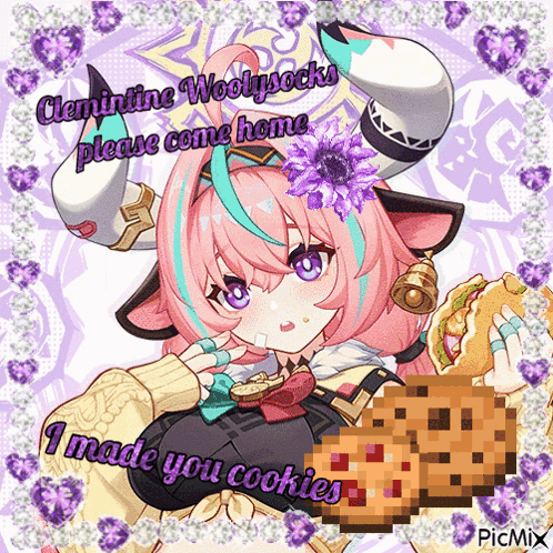 A Picture Of A Girl With Horns And The Words " I Made You Cookies " On The Bottom GIF