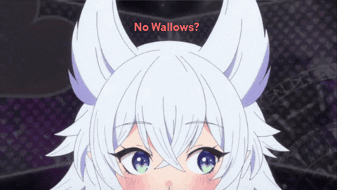 A Picture Of A Girl With Horns And The Words " No Wallows " GIF