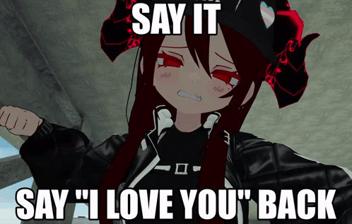 A Picture Of A Girl With Horns That Says " Say It Say I Love You Back " GIF
