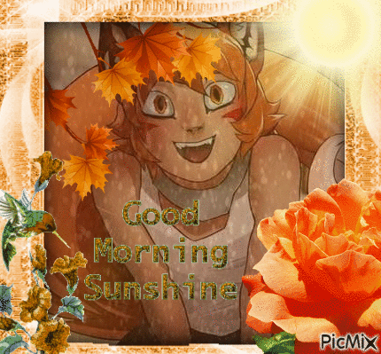 A Picture Of A Girl With Leaves On Her Head And The Words Good Morning Sunshine On The Bottom GIF