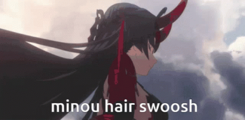 A Picture Of A Girl With Long Black Hair And Horns With The Words Minou Hair Swoosh Below Her . GIF