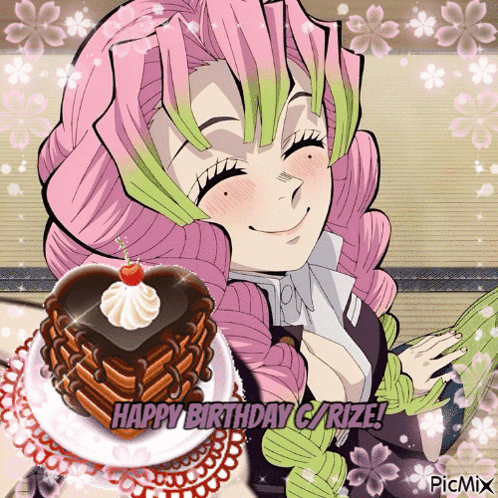 A Picture Of A Girl With Pink Hair And A Cake That Says Happy Birthday G/rize GIF