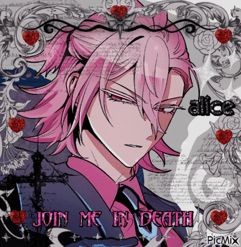 A Picture Of A Girl With Pink Hair And The Words Join Me In Death On The Bottom GIF