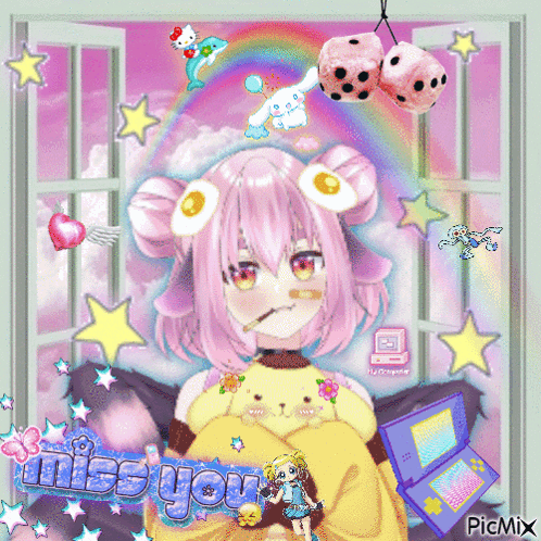 A Picture Of A Girl With Pink Hair And The Words Miss You On The Bottom GIF