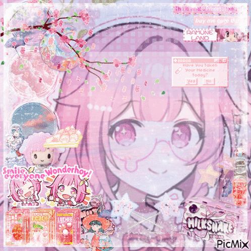 A Picture Of A Girl With Pink Hair Is Surrounded By Pink And Purple Items Including Milkshake GIF