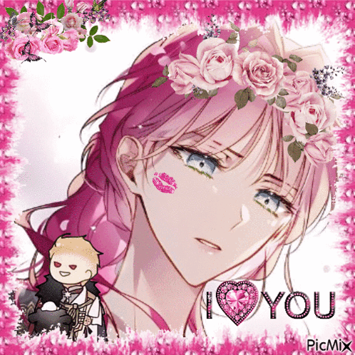 A Picture Of A Girl With Pink Hair Wearing A Flower Crown And The Words I Love You On It GIF
