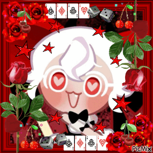 A Picture Of A Girl With Playing Cards And Dice Surrounded By Roses GIF