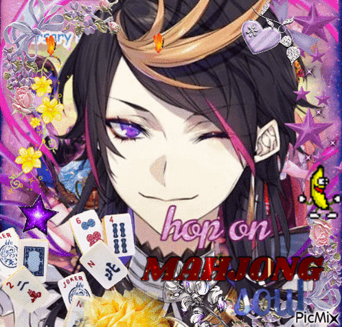 A Picture Of A Girl With Purple Eyes And The Words Hop On Manjong GIF