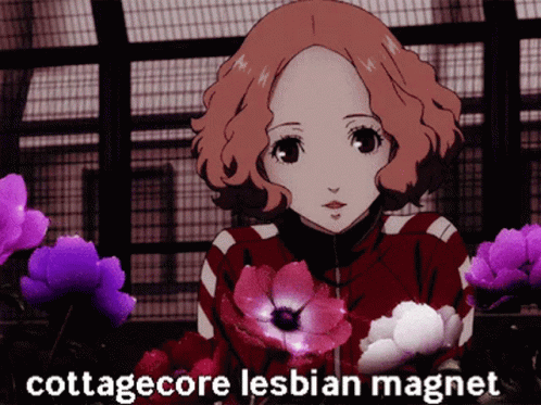 A Picture Of A Girl With Purple Flowers And The Words " Cottagecore Lesbian Magnet " Below Her GIF