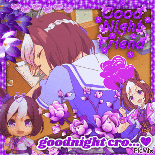 A Picture Of A Girl With Purple Flowers And The Words Goodnight Cro GIF