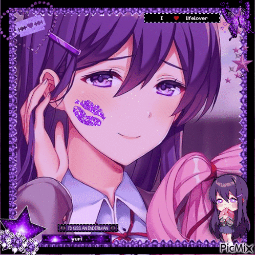 A Picture Of A Girl With Purple Hair And A Kiss On Her Face GIF