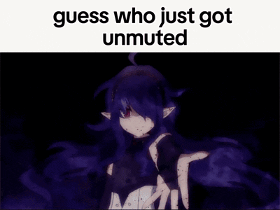 A Picture Of A Girl With Purple Hair And Red Eyes With The Words Guess Who Just Got Unmuted GIF