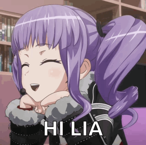 A Picture Of A Girl With Purple Hair And The Word Hi Lia On The Bottom GIF