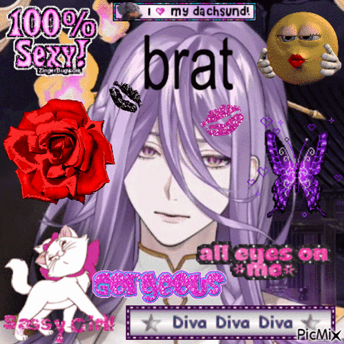A Picture Of A Girl With Purple Hair And The Words Brat All Eyes On Me And Diva Diva Diva GIF