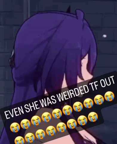 A Picture Of A Girl With Purple Hair And The Words Even She Was Weirded Tf Out GIF