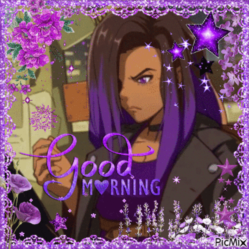 A Picture Of A Girl With Purple Hair And The Words " Good Morning " GIF