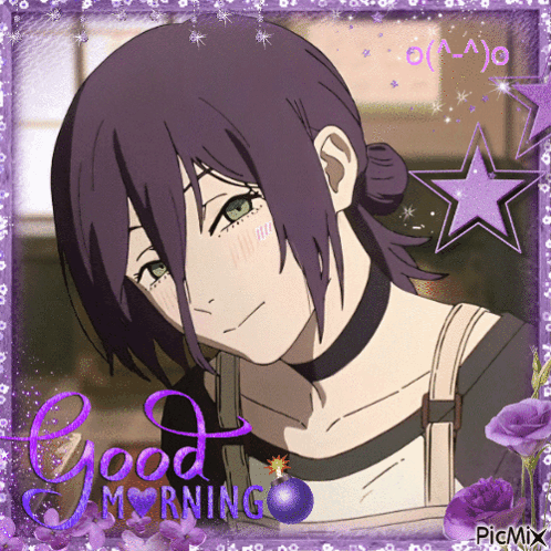 A Picture Of A Girl With Purple Hair And The Words " Good Morning " GIF