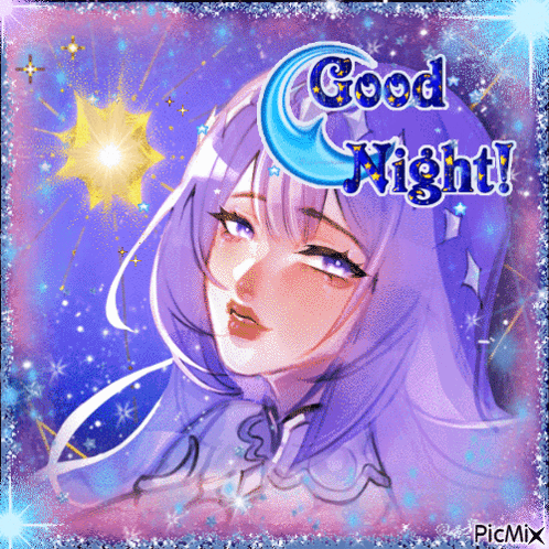A Picture Of A Girl With Purple Hair And The Words Good Night On It GIF