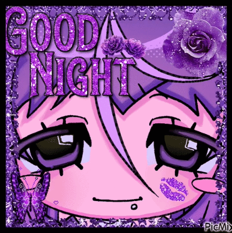 A Picture Of A Girl With Purple Hair And The Words Good Night Written On It GIF