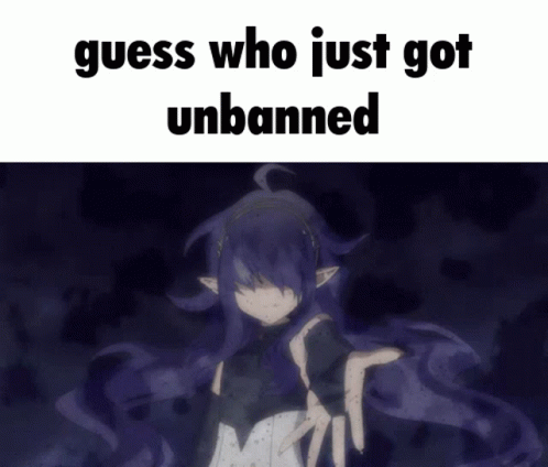 A Picture Of A Girl With Purple Hair And The Words " Guess Who Just Got Unbanned " GIF