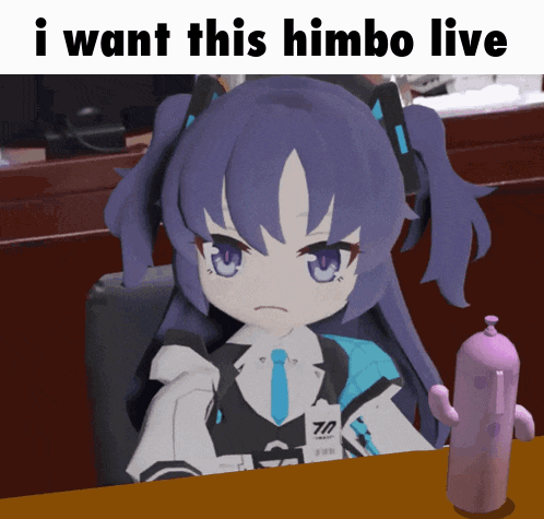 A Picture Of A Girl With Purple Hair And The Words " I Want This Himbo Live " On The Bottom GIF