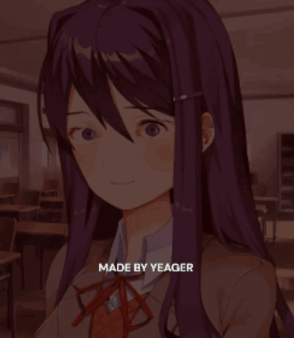 A Picture Of A Girl With Purple Hair And The Words Made By Yeager Below Her GIF