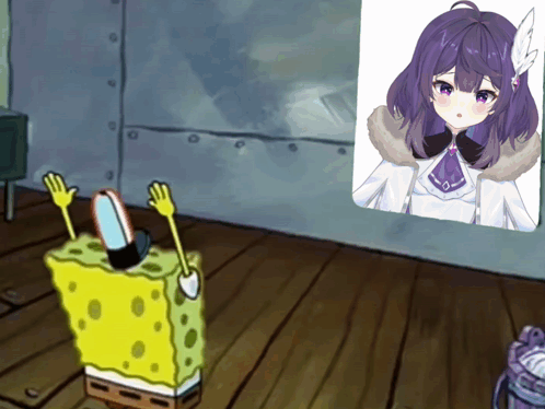 A Picture Of A Girl With Purple Hair Is On A Wall Next To Spongebob GIF