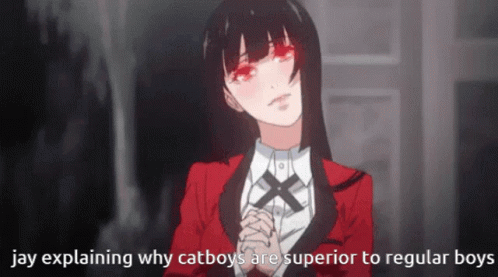 A Picture Of A Girl With Red Eyes Explaining Why Catboys Are Superior To Regular Boys GIF
