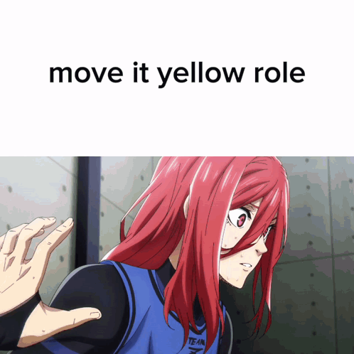 A Picture Of A Girl With Red Hair And The Words Move It Yellow Role Above Her GIF
