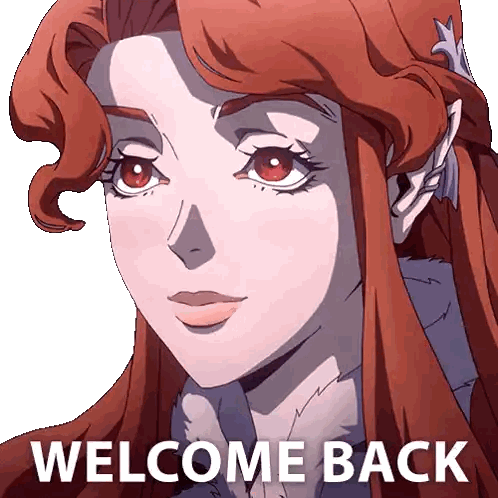 a picture of a girl with red hair and the words welcome back