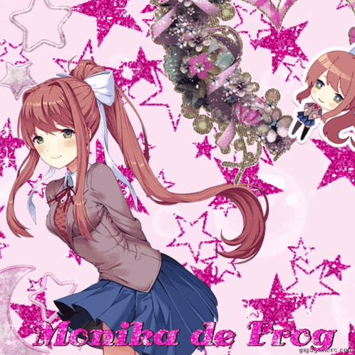 A Picture Of A Girl With The Name Monika De Frog On The Bottom GIF